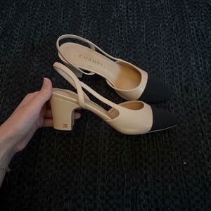 CHANEL Beige and Black Slingback Heels